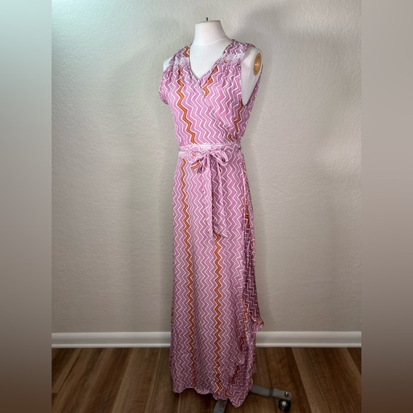 Natalie Martin Printed 100% Silk Wrap Tie Waist Chevron Maxi Dress SZ Large EUC - Picture 9 of 15
